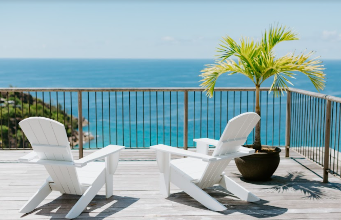 a patio by the beach