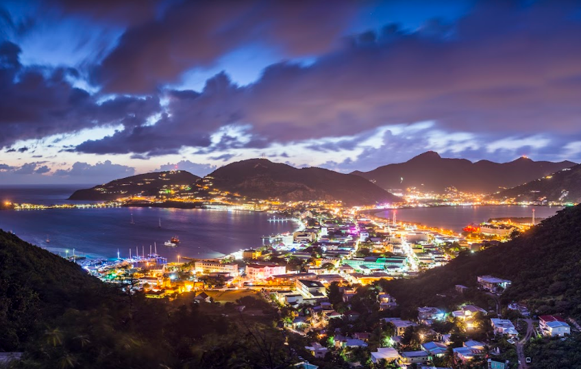 an aerial view of Philipsburg, St. Maarten at night